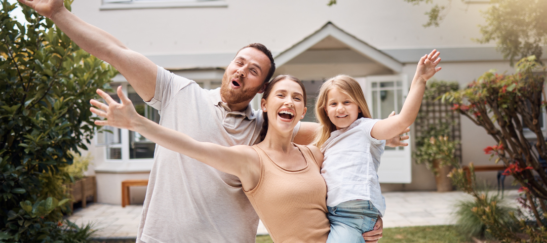 Shows a family getting their first home